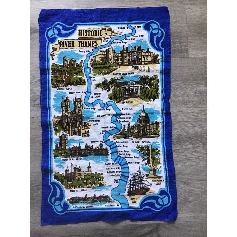 Vintage Irish Linen Tea Towel Historic River‎ Thames Made in Ireland